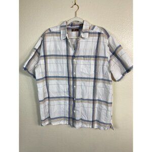 Cafe‎ Luna Mens Ramie Cotton Plaid Short Sleeve Camp Shirt Size Large White Blue